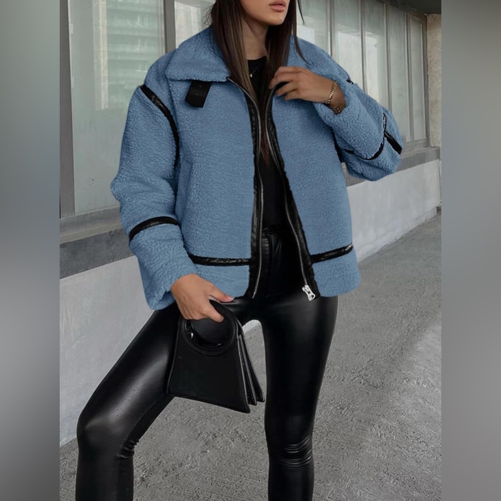 Tankaneo Faux Fur Jacket Winter Trendy Sherpa Moto Leather Patchwork Zip Up Coat